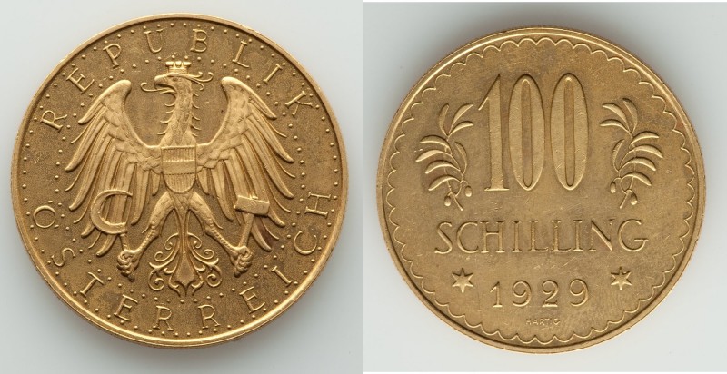 Republic gold Prooflike 100 Schilling 1929 AU, Vienna mint, KM2842, Fr-520. 33.1...