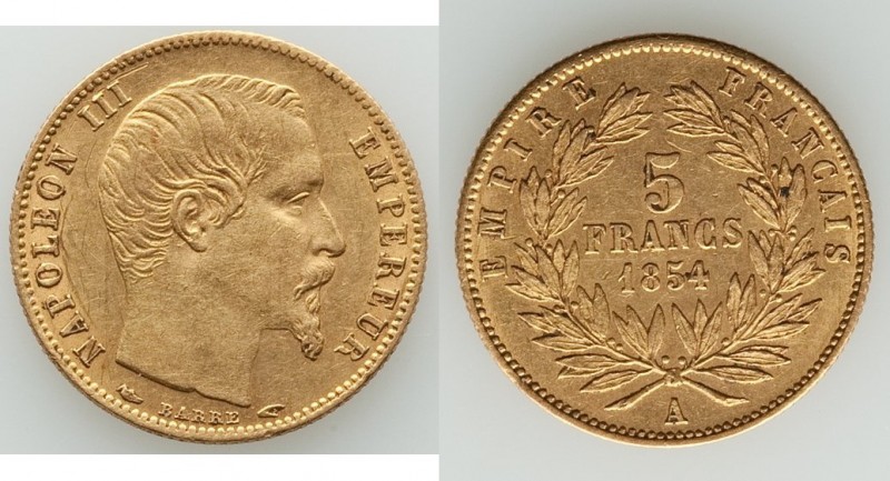 Napoleon III Pair of Uncertified Assorted gold Multiple Francs, 1) 5 Francs 1854...