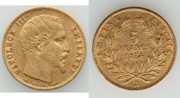 Napoleon III Pair of Uncertified Assorted gold Multiple Francs, 1) 5 Francs 1854-A - XF, Paris mint, KM783. 14.4mm. 1.60gm. AGW 0.0471 oz. 2) 5 Francs...