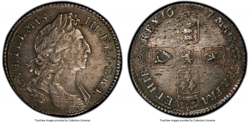 William III Shilling 1697 AU58 PCGS, KM485.1, ESC-1121 (R). 1st Bust. Variety wi...