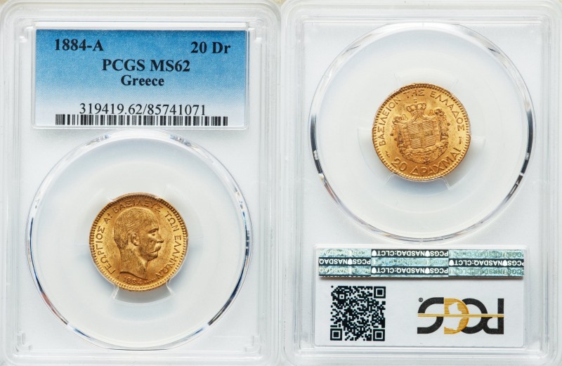 George I gold 20 Drachmai 1884-A MS62 PCGS, Paris mint, KM56. AGW 0.1867 oz. 
...