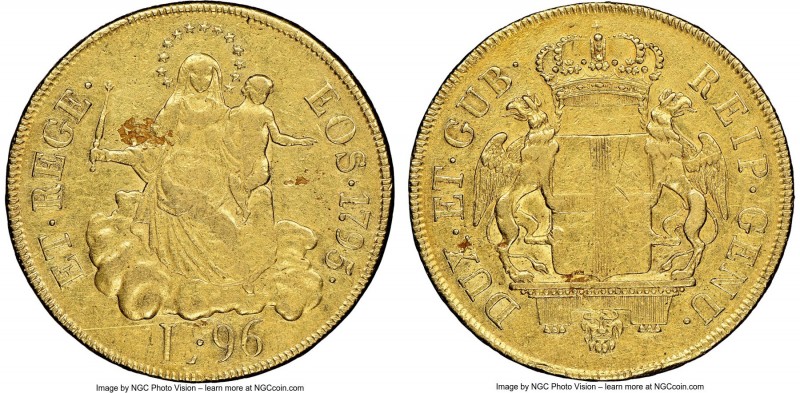 Genoa. Republic gold 96 Lire 1795 XF Details (Reverse Scratched) NGC, Genoa mint...