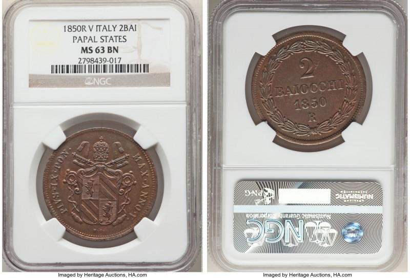 Papal States. Pius IX 2 Baiocchi Anno V (1850)-R MS63 Brown NGC, Rome mint, KM13...