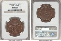 Papal States. Pius IX 2 Baiocchi Anno V (1850)-R MS63 Brown NGC, Rome mint, KM1344. Glossy surfaces with traces of ice blue and red toning. 

HID098...