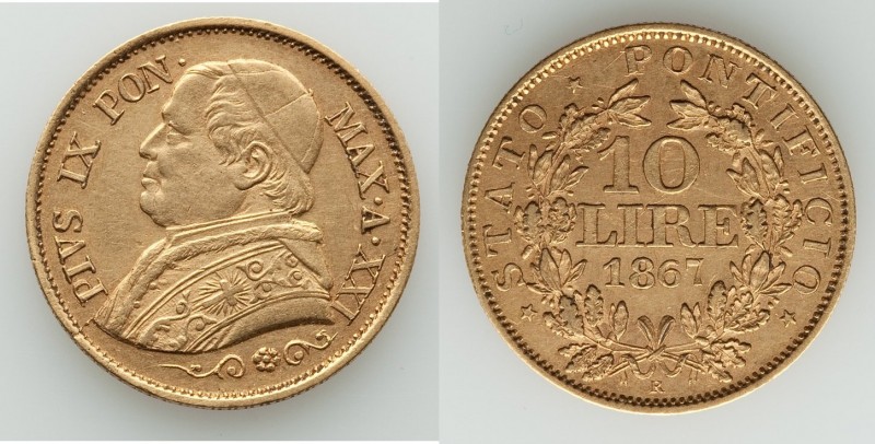 Papal States. Pius IX gold 10 Lire Anno XXI (1867)-R XF, Rome mint, KM1381.2. 18...