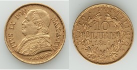 Papal States. Pius IX gold 10 Lire Anno XXI (1867)-R XF, Rome mint, KM1381.2. 18.9mm. 3.23gm. AGW 0.0933 oz. 

HID09801242017

© 2020 Heritage Auc...