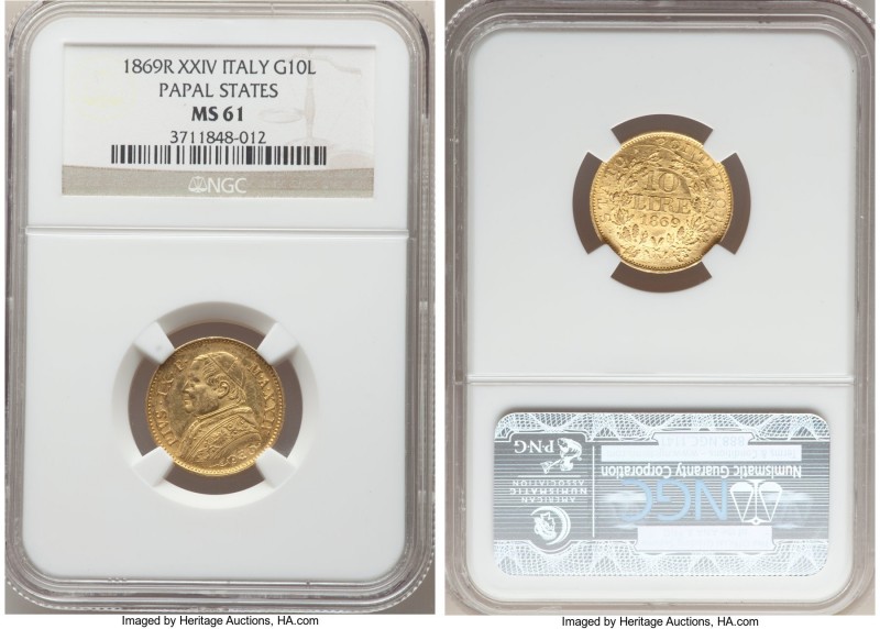 Papal States. Pius IX gold 10 Lire Anno XXIV (1869)-R MS61 NGC, Rome mint, KM138...