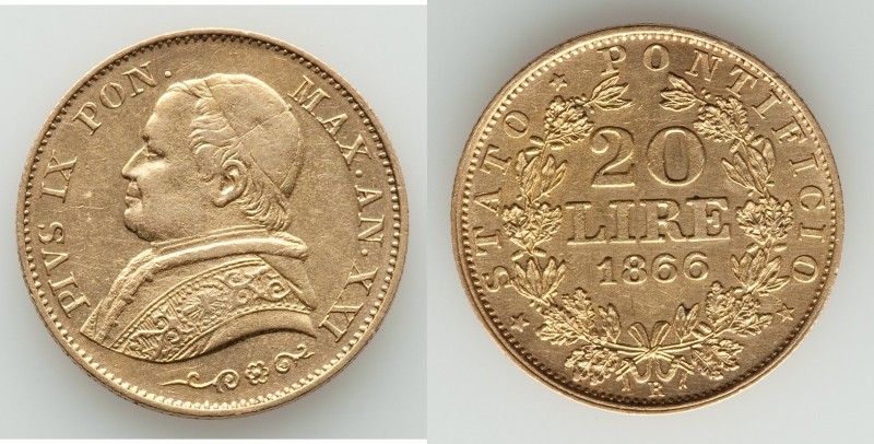 Papal States. Pius IX gold 20 Lire Anno XXI (1866)-R AU, Rome mint, KM1382.2. 21...