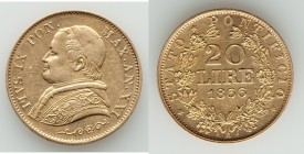 Papal States. Pius IX gold 20 Lire Anno XXI (1866)-R AU, Rome mint, KM1382.2. 21.4mm. 6.44gm. AGW 0.1867 oz. 

HID09801242017

© 2020 Heritage Auc...