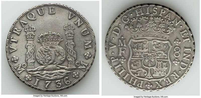 Philip V 8 Reales 1736 Mo-MF AU (Environmental Damage, Cleaned), Mexico City min...