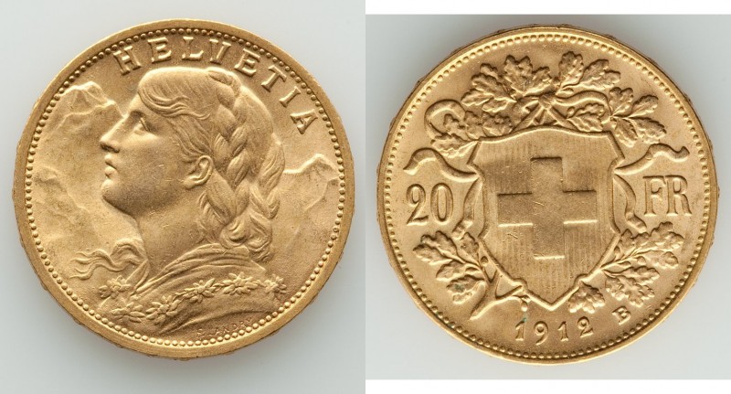 Confederation gold 20 Francs 1912-B UNC, Bern mint, KM35.1. 20.5mm. 6.45gm. AGW ...