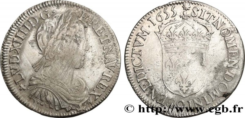 LOUIS XIV "THE SUN KING"
Type : Demi-écu dit “à la mèche longue” 
Date : 1655 
M...