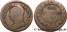 DIRECTOIRE
Type : Cinq centimes Dupré, grand module, "refrappage" du décime 
Date : An 5 (1796-1797) 
Mint name / Town : Orléans 
Quantity minted : 21...