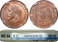 SECOND EMPIRE
Type : Cinq centimes Napoléon III, tête laurée 
Date : 1862 
Mint name / Town : Strasbourg 
Quantity minted : 8583899 
Metal : bronze 
D...