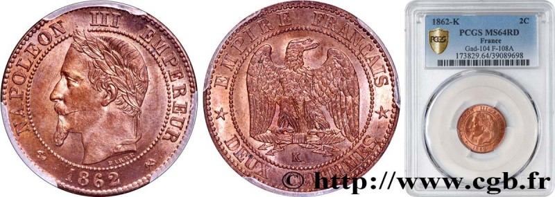 SECOND EMPIRE
Type : Deux centimes Napoléon III, tête laurée 
Date : 1862 
Mint ...