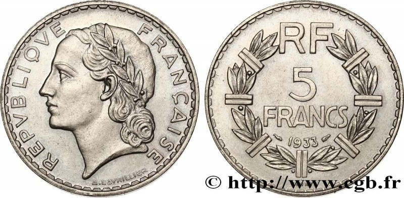 III REPUBLIC
Type : Essai de 5 francs Lavrillier, nickel 
Date : 1933 
Quantity ...