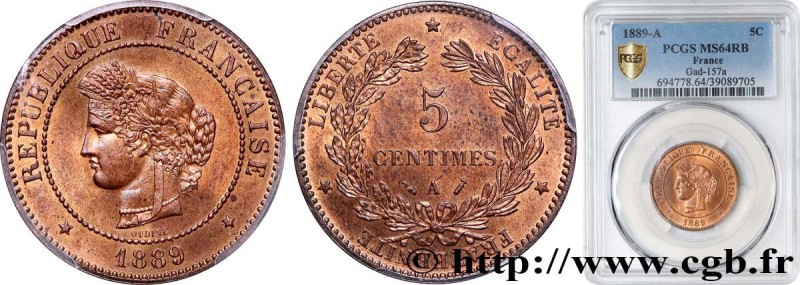 III REPUBLIC
Type : 5 centimes Cérès 
Date : 1889 
Mint name / Town : Paris 
Qua...