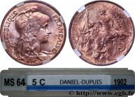 III REPUBLIC
Type : 5 centimes Daniel-Dupuis 
Date : 1902 
Quantity minted : 7900000 
Metal : bronze 
Diameter : 25  mm
Orientation dies : 6  h.
Weigh...