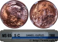 III REPUBLIC
Type : 5 centimes Daniel-Dupuis 
Date : 1908 
Quantity minted : 6090000 
Metal : bronze 
Diameter : 25  mm
Orientation dies : 6  h.
Weigh...