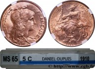 III REPUBLIC
Type : 5 centimes Daniel-Dupuis 
Date : 1910 
Quantity minted : 4000000 
Metal : bronze 
Diameter : 25  mm
Orientation dies : 6  h.
Weigh...