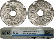 III REPUBLIC
Type : Essai de 5 centimes Lindauer, petit module 
Date : 1920 
Mint name / Town : Paris 
Quantity minted : --- 
Metal : copper nickel 
D...
