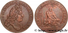 CORPORATIONS
Type : Les six corps de marchands 
Date : 1698 
Metal : red copper 
Diameter : 31  mm
Orientation dies : 6  h.
Weight : 9,22  g.
Edge : L...