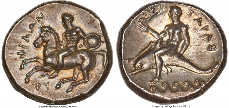 CALABRIA. Tarentum. Ca. 281-240 BC. AR stater or didrachm (21mm, 7.90 gm, 1h). N...