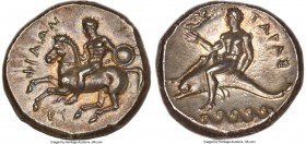 CALABRIA. Tarentum. Ca. 281-240 BC. AR stater or didrachm (21mm, 7.90 gm, 1h). NGC Choice AU S 5/5 - 4/5, Fine Style. Philen and Ey-, magistrates. Nud...