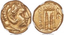 MACEDON. Philippi. Ca. 356-345 BC. AV stater (16mm, 8.57 g, 11h). NGC Choice XF 4/5 - 4/5, edge marks. Head of Heracles right, wearing lion skin headd...