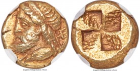 MYSIA. Cyzicus. Ca. 450-350 BC. EL sixth-stater or hecte (10mm, 2.63 gm). NGC AU 5/5 - 3/5. Ca. 380 BC. Diademed, bearded head of Poseidon left; tride...