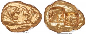 LYDIAN KINGDOM. Croesus (561-546 BC). AV stater (16mm, 8.04 gm). NGC Choice AU 5/5 - 4/5. Sardes, 'light' standard, ca. 553-539 BC. Confronted forepar...
