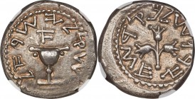 JUDAEA. The Jewish War (AD 66-70). AR shekel (25mm, 14.11 gm, 11h). NGC Choice XF S 4/5 - 5/5. Jerusalem, dated Year 1 (AD 66/7). Shekel of Israel (Pa...