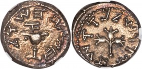 JUDAEA. The Jewish War (AD 66-70). AR half-shekel (18mm, 6.95 gm, 10h). NGC Choice XF 4/5 - 4/5. Jerusalem (Temple?) mint, dated Year 1 (AD 66/7). Hal...