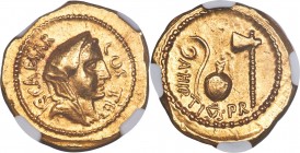 Julius Caesar, as Dictator (49-44 BC). AV aureus (20mm, 8.12 gm, 5h). NGC Choice AU S 5/5 - 5/5. Rome, 46 BC, Aulus Hirtius, praetor. C•CAESAR-COS TER...