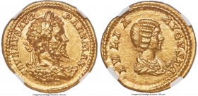 Septimius Severus (AD 193-211). AV aureus (20mm, 7.34 gm, 6h). NGC Choice MS 5/5 - 5/5, Fine Style. Rome, AD 200-201. SEVERVS AVG-PART MAX, laureate b...
