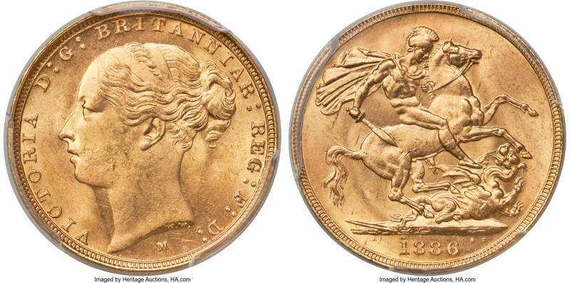 Victoria gold "St. George" Sovereign 1886-M MS65 PCGS, Melbourne mint, KM7, S-38...