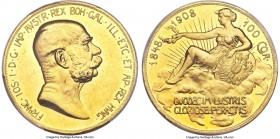 Franz Joseph I gold 100 Corona 1908 MS62 Prooflike PCGS, Kremnitz mint, KM2812. Mintage: 16,000. A shimmering representative of this illustrious comme...