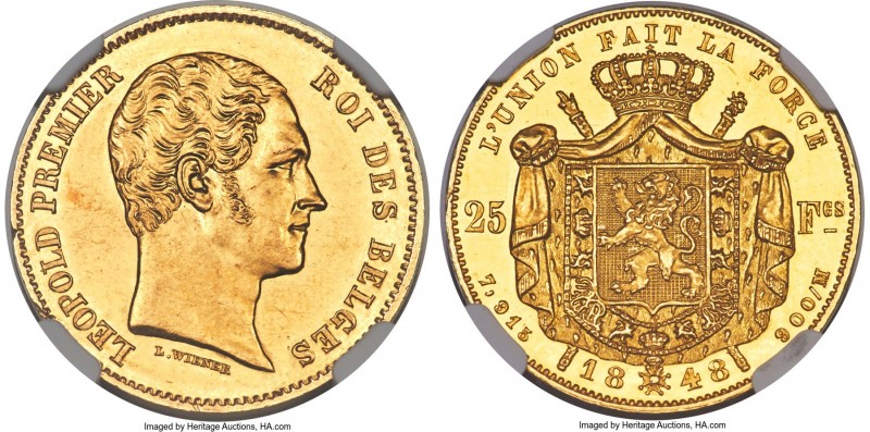 Leopold I gold Proof 25 Francs 1848 PR62 NGC, Brussels mint, KM13.1 (unlisted in...