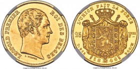 Leopold I gold Proof 25 Francs 1848 PR62 NGC, Brussels mint, KM13.1 (unlisted in Proof), Dupriez-366 (R3). Edge inscription: DIEU PROTEGE LA BELGIQUE....
