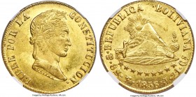 Republic gold 8 Scudos 1856 PTS-FJ/MJ MS64 NGC, Potosi mint, KM116, Onza-1604. Ranked at the peak of certified quality for the date, this immensely al...