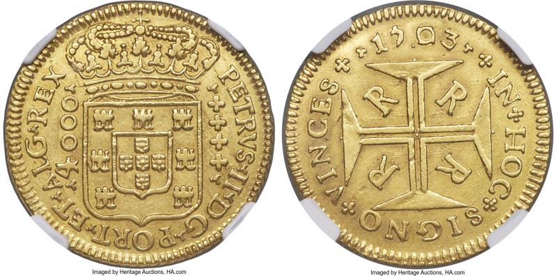 Pedro II gold 4000 Reis 1703-R AU55 NGC, Rio de Janeiro mint, KM101, LMB-34. A s...