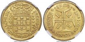 Pedro II gold 4000 Reis 1703-R AU55 NGC, Rio de Janeiro mint, KM101, LMB-34. A sensational representative of this decidedly scarcer issue, replete wit...
