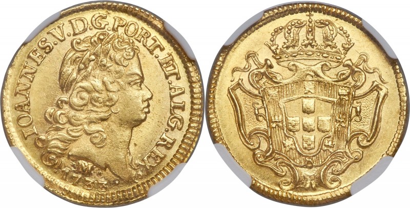 João V gold 1600 Reis 1733-M MS64 NGC, Minas Gerais mint, KM125, LMB-270. Sharpl...