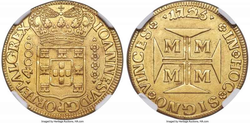 João V gold 4000 Reis 1725-M AU Details (Mount Removed) NGC, Minas Gerais mint, ...