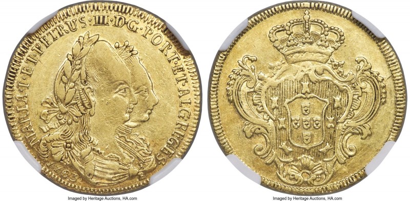 Maria I & Pedro III gold 3200 Reis 1783-B XF45 NGC, Bahia mint, KM150, LMB-478. ...