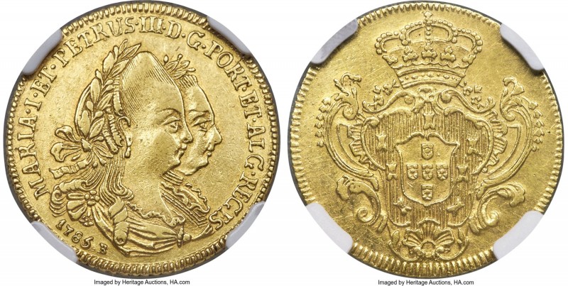 Maria I & Pedro III gold 3200 Reis 1785-B AU Details (Cleaned) NGC, Bahia mint, ...