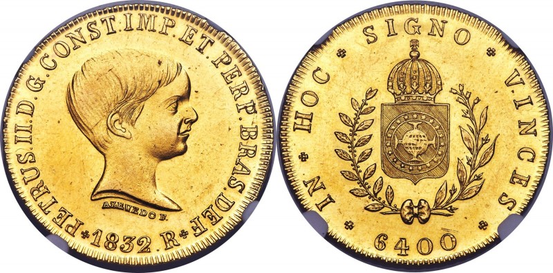 Pedro II gold "'Azevedo' Below Bust" 6400 Reis 1832-R UNC Details (Cleaned) NGC,...