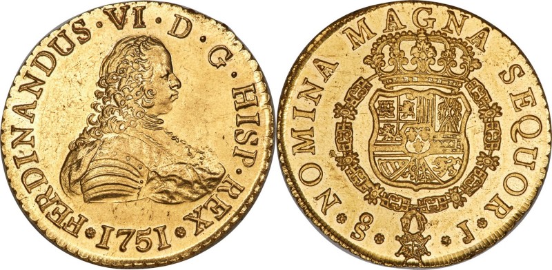 Ferdinand VI gold 8 Escudos 1751 So-J MS64 NGC, Santiago mint, KM3, Cal-72, Onza...