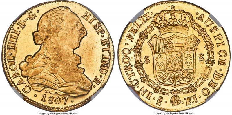 Charles IV gold 8 Escudos 1807 So-FJ MS63 NGC, Santiago mint, KM54, Onza-1184. A...