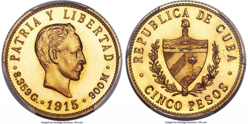 Republic gold Proof 5 Pesos 1915 PR66 Cameo PCGS, Philadelphia mint, KM19, Fr-4....